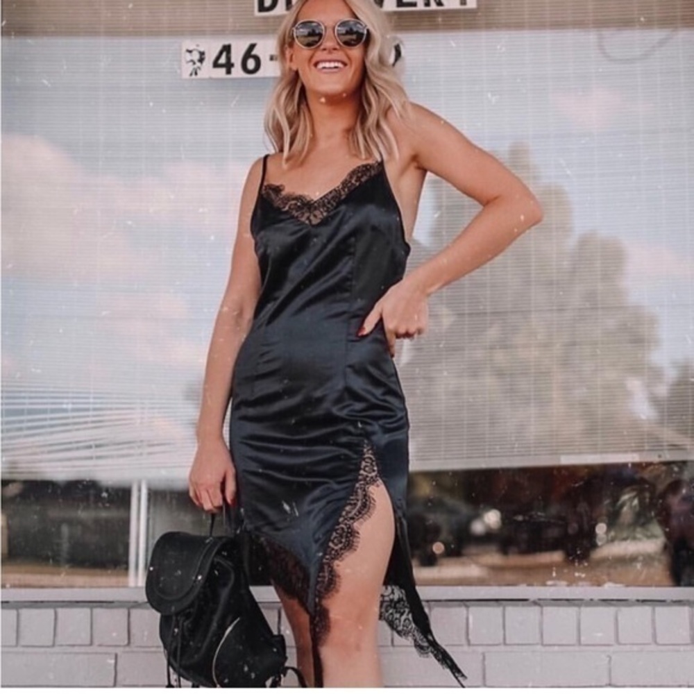 Black midi lace satin dress